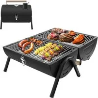 SunJas Holzkohlegrill K-22ABK Klappgrill Tragbarer mit Thermometer und Schornstein, CampingGrill Tischgrill mit HolzgriffDeckel, Doppel Grillfläche 33.7 x 21.5 cm, für Outdoor Picknick Camping