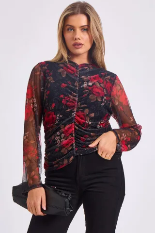 Bedrucktes Mesh-Top mit geraffter Front