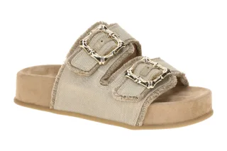 Paul Green Damen Pantoletten 6221-009 Grau Grain Plateau Schnallen Gold