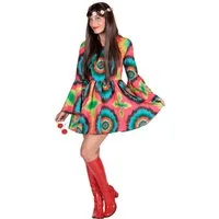 thetru Hippie-Kostüm Batikkleid Hippie - Karneval Faschingskostüm Damen, Langärmeliges Mini-Kleid in Batik-Optik