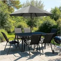 VORTIVO Essgruppe für 6, wetterfest für Garten, Balkon & Terrasse – Schwarz, 8-teilig: 6 stapelbare Stühle, rechteckiger Tisch & Sonnenschirm