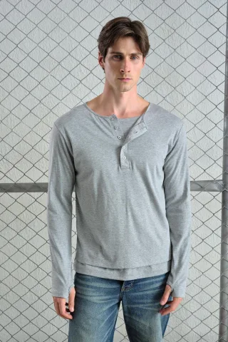 Langarm-Button-Kragen Komfort Fit T-Shirt