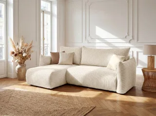 Ecksofa Schlafsofa MAILAND XS in Stoff Tilia Ecru Ottomane Links