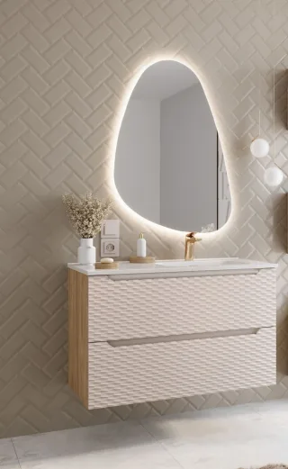 Badmöbel Set 2-tlg Badezimmerset LAXY Eiche Beige Schrank 90cm inkl. Waschtisch