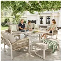i@home Gartenlounge-Set Handgeflochtenes Gartensofa-Set für 7 Personen, (Wetterfestes Terrassenmöbel mit Tisch (Holzoptik-Glas) & 2 Sesseln, 5-tlg., Beige Polster, Eisenrahmen, Abnehmbare Bezüge), für Balkon, Garten & Terrasse