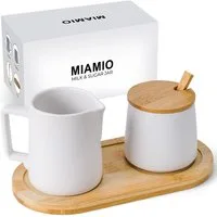 MiaMio Milch- und Zuckerset mit Bambustablett, Deckel und Löffel, Weiß (5-tlg), Keramik, Zuckerdose 200 ml, Milchkännchen 240 ml, mit Bambustablett