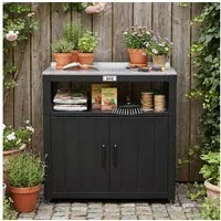 Feasto Servierwagen Gartenschrank wetterfest, Garten-Umtopftisch mit Schrank, 80x45x82 cm, Multifunktionaler Gartentisch mit Edelstahlplatte & großem Stauraum