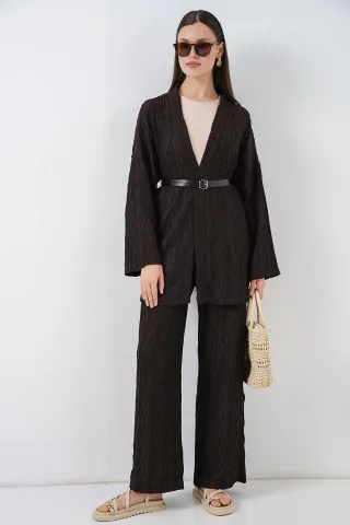 Strukturierte Kimono-Hose mit Schalkragen-Set