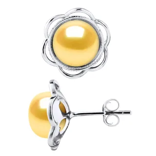 Ohrstecker FLOWER Perlen Süßwasser 8-9mm Golden Buttons 925