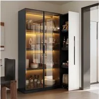 BlingBin Stauraumvitrine Multifunktionsschrank Glasvitrine (1-St., Bücherregal mit LED-Vitrine & seitlichem Auszugsschrank auf Rollen) Soft-Close-Scharniere, Warmgelbe Beleuchtung, 110,5×35×160 cm