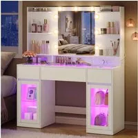 VASAGLE Schminktisch mit Spiegel, RGB-Beleuchtung und Steckdose, 107 x 40 x 144,5 cm (1 Tisch), Holzspanplatte und Glas, mit 2 Schränken, Weiß, für Schlafzimmer
