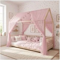 Baby Fancyroom Betthimmel Betthimmel Tüll Hausbett Kinderbett 2 Stück 340cm 380cm Montessori (3-tlg. Set mit 2x Betthimmel und einer 20er Pomponkette, Baldachin, Kinder Betthimmel Baldachin Himmel Deko Set), Betthimmel für Hausbett Montessori