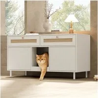 Flieks Mehrzweckschrank Katzentoilettenschrank mit Katzenstreufangmatte und Rattan-Schubladen (1-St., 120x50x65 cm) Katzenstreuwanne-Schrank Tierhaus Sideboard Weiß