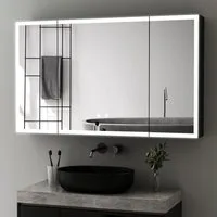 WDWRITTI Spiegelschrank Alu 3-türig 100x60 90x60cm Badezimmerspiegelschrank Schwarz 3Lichtmodi (Badschrank Schwarz matt Anti-Fog Dimmbar, Alu-Schranktür, Stahl Schrank-Korpus, Doppel Spiegel, Speicherfunktion) mit Netzadapter, vormontiert geliefert,2