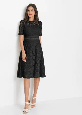 bonprix Spitzenkleid mit Häkeleinsatz, schwarz, Gr.40/42 (M), Romantisch und feminin: Midikleid aus Spitze mit Häkeleinsatz in der Taille