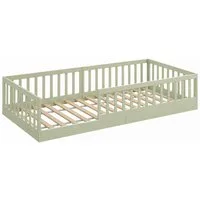 CADANI Kinderbett Timi Bodenbett bis 200 kg belastbar mit abnehmbarem Rausfallschutz (90x200 cm, Montessori Kinder- & Jugendbett aus Kiefer Massivholz), inkl. stabilem Roll-Lattenrost, Weiß