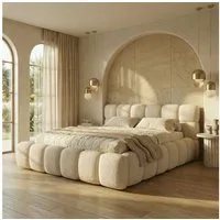 yourhouse24 Polsterbett Boston Slim Bouclé kompaktes Wolkenbett mit Bettkasten, Bubble-Optik & Japandi