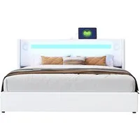 REDOM Polsterbett Stauraumbett mit LED-Lichtleiste, Bluetooth-Player und USB-Aufladung (Kunstleder-Aufbewahrungsbett, Hochbettkasten, Jugendbett mit Lattenrost, 160x200 cm), ohne Matratze