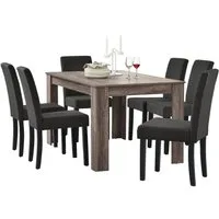 en.casa Essgruppe, (Set, 7-tlg., Esstisch mit 6 Stühlen), »Kramfors« Esstisch mit 6 x Stühle antike Eiche-Optik Dunkelgrau