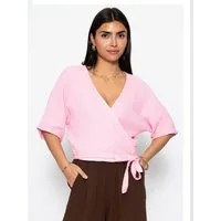 SASSYCLASSY Wickelbluse Musselin Bluse mit Bindeband und lockerer Passform Kurzarm Wickelbluse aus Baumwolle