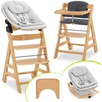 Hauck Hochstuhl Alpha Move Natur Newborn Set Eco - Natur, Holz Babystuhl ab Geburt mit Neugeborenensufsatz, Sitzkissen, Essbrett