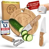 Eli Kinderkochmesser Küchenmesser Kinder Set inkl. Schneidebrett, Schäler und Fingerschutz, 5 teiliges hochwertiges Schneidemesser Set - rostfreier Edelstahl