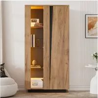 Merax Vitrine mit LED-Beleuchtung in Holzoptik mit Schwarz (Wohnzimmerschrank Hochschrank Standregal Schrank, 1-St., 80x35x160 cm) Standvitrine mit 8 Ablageflächen, Glastrennwänden, Acryl- & Holztüren