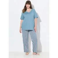 Ulla Popken Pyjama Pyjama Piping V-Ausschnitt Halbarm Stickerei