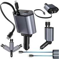 Realb2b Auto Ladegerät 4in1 KFZ USB C Adapter mit Kabel 80cm 12V 24V KFZ Adapter (4 Geräte laden Kabel aufrollbar LED Anzeige Gelenk flexibel)