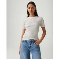 OPUS Kurzarmshirt Strickpullover aus flauschigem Frisé Garn Weite Passform, Pull-on, weicher Fall