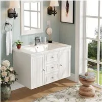 HAUSS SPOLE Waschtisch Hängender Badezimmerschrank mit 3 Schubladen, Waschbecken, weiß (Waschbeckenunterschrank mit Keramikbecken, 3 Schubladen, Platzsparendes Wanddesign, Feuchtigkeitsbeständige MDF-Oberfläche, Modernes Badezimmermöbel., 78.5×46×46.