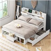 Flieks Holzbett, Doppelbett 140x190cm mit USB-Laden & Schubladen & Stauraumfächer