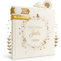 Eulentaler Tagebuch I Babyalbum mein erstes Jahr I Mit Leinen & Goldprägung, im Scandi Stil, mit handgemalte Illustrationen & allen Meilensteinen