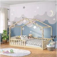Bellabino Hausbett Kinderbett Bia mit Lattenrost (natur, optional mit Matratze), Bodenbett mit Rausfallschutz, verfügbar in 80x160 & 90/120/140x200 cm