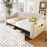 Merax Daybett 90x190cm mit USB-Ladeanschluss und Metallrahmen (Sofabett Jugendbett Einzelbett Tagesbett aus Samt, 1 tlg), Polsterbett Schlafsofa mit Seitentaschen Schubladen Ablagen & Stauraum