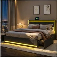 Furnishings Home Polsterbett Doppelbett Stauraumbett LED (4 Schubladen), Mit LED-Beleuchtung, USB + Type-C, Schubladen, Leinen, 180x200 cm