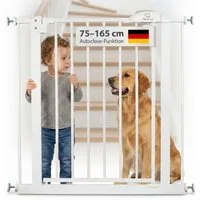 Bronea Treppenschutzgitter CLEO Türgitter ohne Bohren Kinderschutzgitter Treppengitter (zum Klemmen - ohne bohren für Tür & Treppe 75–165 cm verlängerbar, Beidseitig öffnend - Auto-Close - 90° Stopp - 3-Schritt-Sicherung), Entwickelt, Geprüft & Zerti