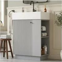 Merax Waschtisch mit Waschbecken, Badmöbel freistehend, geriffelte Holzoptik (55×32×87cm, 1-St., Unterschrank ohne Wasserhahn), Badzimmerschrank mit Soft-Close Tür, Stauraum & Toilettenpapierhalter