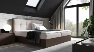 Boxspringbett Bett THANOS 120x200cm Dunkel Eiche Stoff Hellbeige inkl Bettkasten