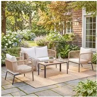 Outsunny Sitzgruppe mit 2er Sofa, 2 Sessel, Lamell-Tisch, Seilflecht, waschbar Sitzkissen, (Balkonmöbel, 4-tlg., Gartenmöbel Set), für Garten Weiß