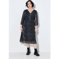 Ulla Popken Midikleid Midi-Meshkleid Zebramuster V-Ausschnitt 3/4-Arm