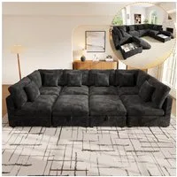 Merax Ecksofa mit Schlaffunktion, U-förmiges Modulsofa XXL Couch aus Chenille, 292×220×81cm 1 Teile, 8-Sitzer-Sofa mit 2 Stauraum-Hockern, Armlehnen-Taschen und 6 Kissen