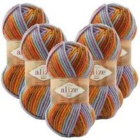 Alize 5 x ALIZE SUPERLANA MAXI BATIK Häkelwolle, 100 m, Yarn,Handstrickgarn,mehrfarbig,Winterwolle, Häkelgarn
