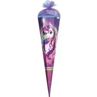 Roth Schultüte Einhornportrait mit Glitzer, 85 cm, eckig, lilafarbiger Tüllverschluss, Zuckertüte für Schulanfang