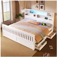Flieks Holzbett, Doppelbett 180x200cm mit LED-Beleuchtung, Aufladen und 4 Schubladen
