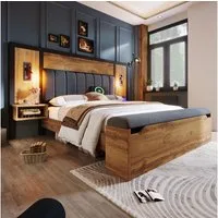 OKWISH Holzbett Bettgestell mit Lattenrost (Struraumbett, Doppelbett, Funktionsbett, 2-tlg., 180×200cm, mit Matratze (H20cm), mit Leselampe und USB/Type-C Nachttisch und Sitzbank mit Stauraum