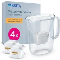 BRITA Wasserfilter Kanne Style Essential weiß inkl. 4x BRITA MAXTRA PRO Extra Kalkschutz, Kühlschrankgeeignete Filterkanne (2,4l) filtert Verunreinigungen etc
