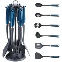 Michelino Kochlöffelhalter 7-tlg. Küchenhelfer-Set + Ständer Kochbesteck Spaghettiheber, Ständerteil oben drehbar