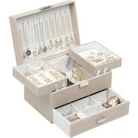 LuxusKollektion Schmuckkasten Schmuckkästchen 3 Ebenen PU Leder Geschenkbox Mädchen Champagnerfarben