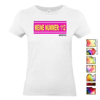 FIREFUN - Damen T-Shirt mit Aufschrift "MEINE NUMMER: 112" PINK EDITION 2XL MIT Untertitel (max. 20 Zeichen) Hinten (Rücken) navy